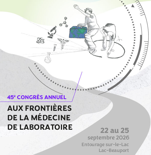 L'affiche du 45e congrès annuel de la SQBC montre des scientifiques réalisant des expériences, avec des symboles scientifiques et des brins d'ADN. Détails de l'événement : Du 22 au 25 septembre 2026, Entourage sur-le-Lac, Lac-Beauport.