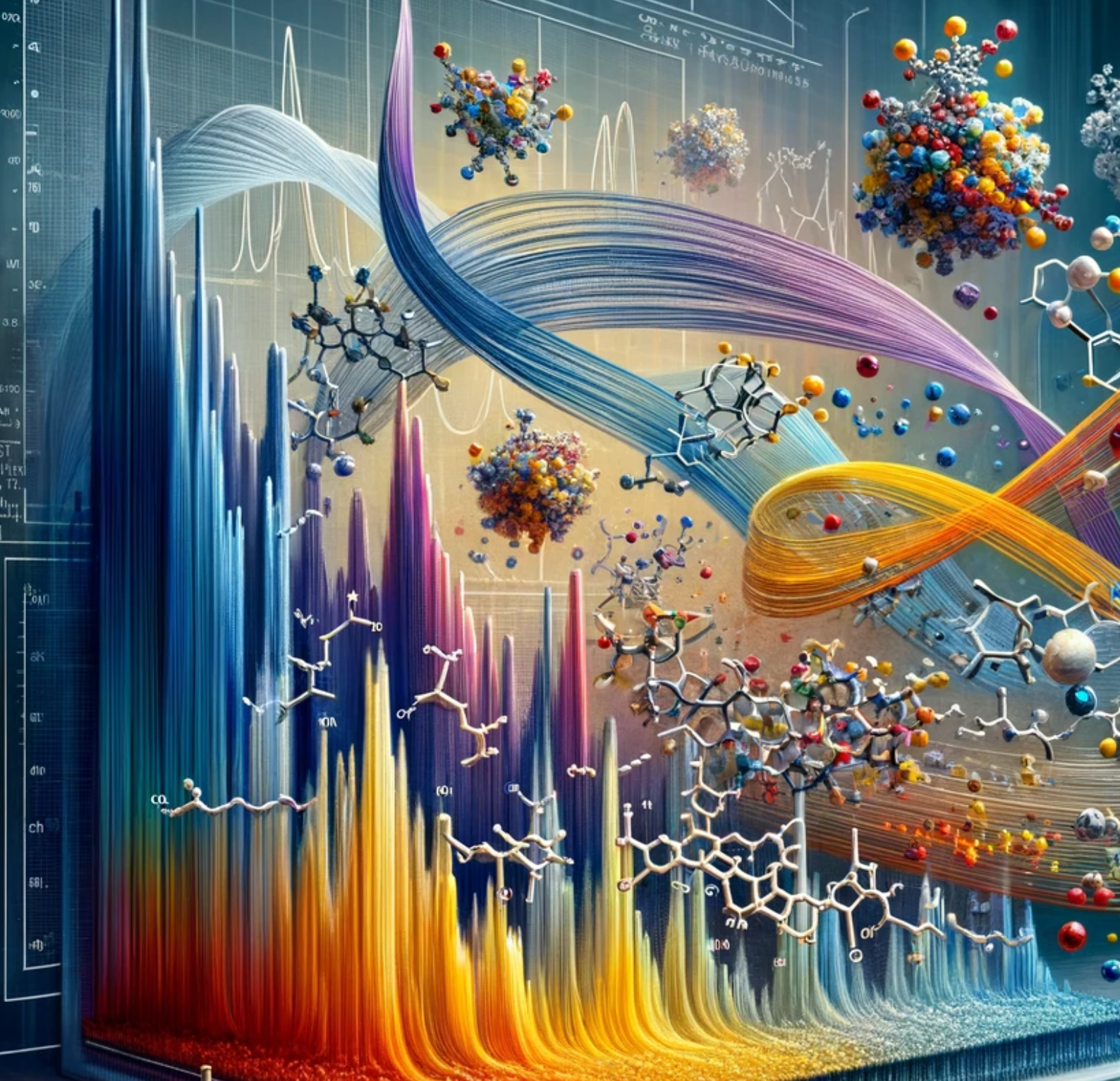 Une représentation dynamique et abstraite de concepts scientifiques et moléculaires, présentant des formes d'ondes colorées, des structures moléculaires et des groupes de particules sur fond de graphiques et de tableaux de données, symbolisant la fusion de la science et de l'art.