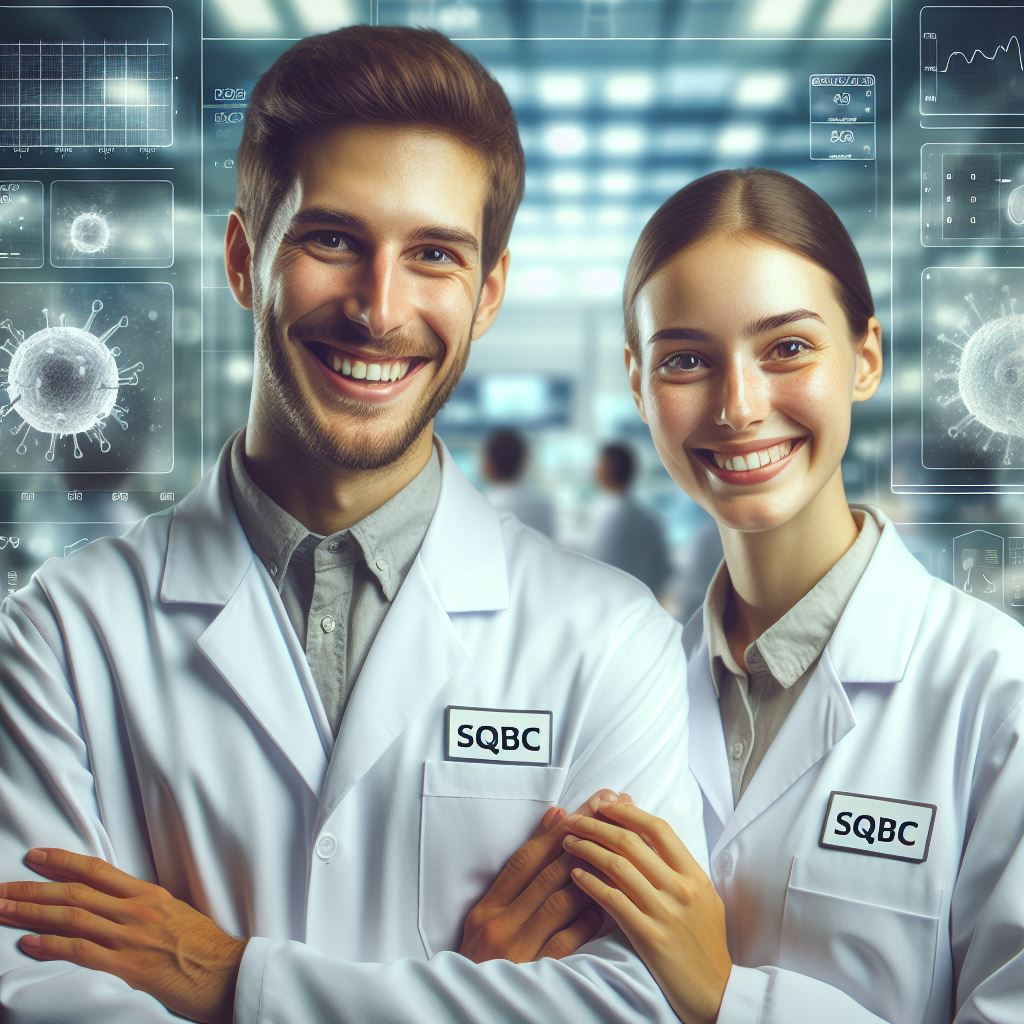 Deux scientifiques portant des blouses de laboratoire avec le logo SQBC sourient dans un laboratoire futuriste. Des écrans holographiques montrent des virus et des graphiques de données en arrière-plan, indiquant un environnement de recherche de haute technologie.