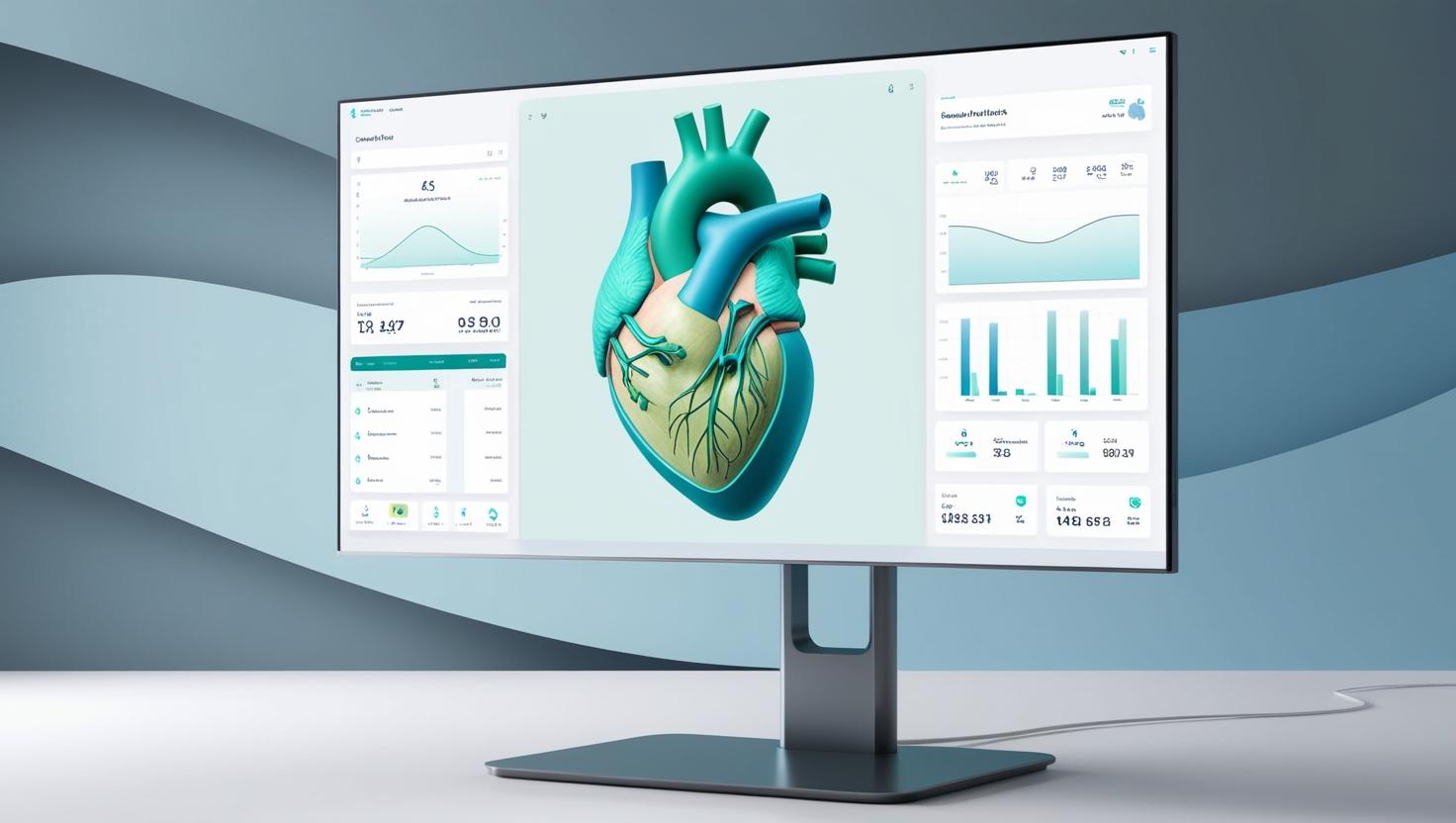 Un écran d’ordinateur affiche un modèle numérique 3D d’un cœur humain, entouré de dossiers médicaux, de graphiques de données et de statistiques de santé sur une interface graphique moderne et épurée.