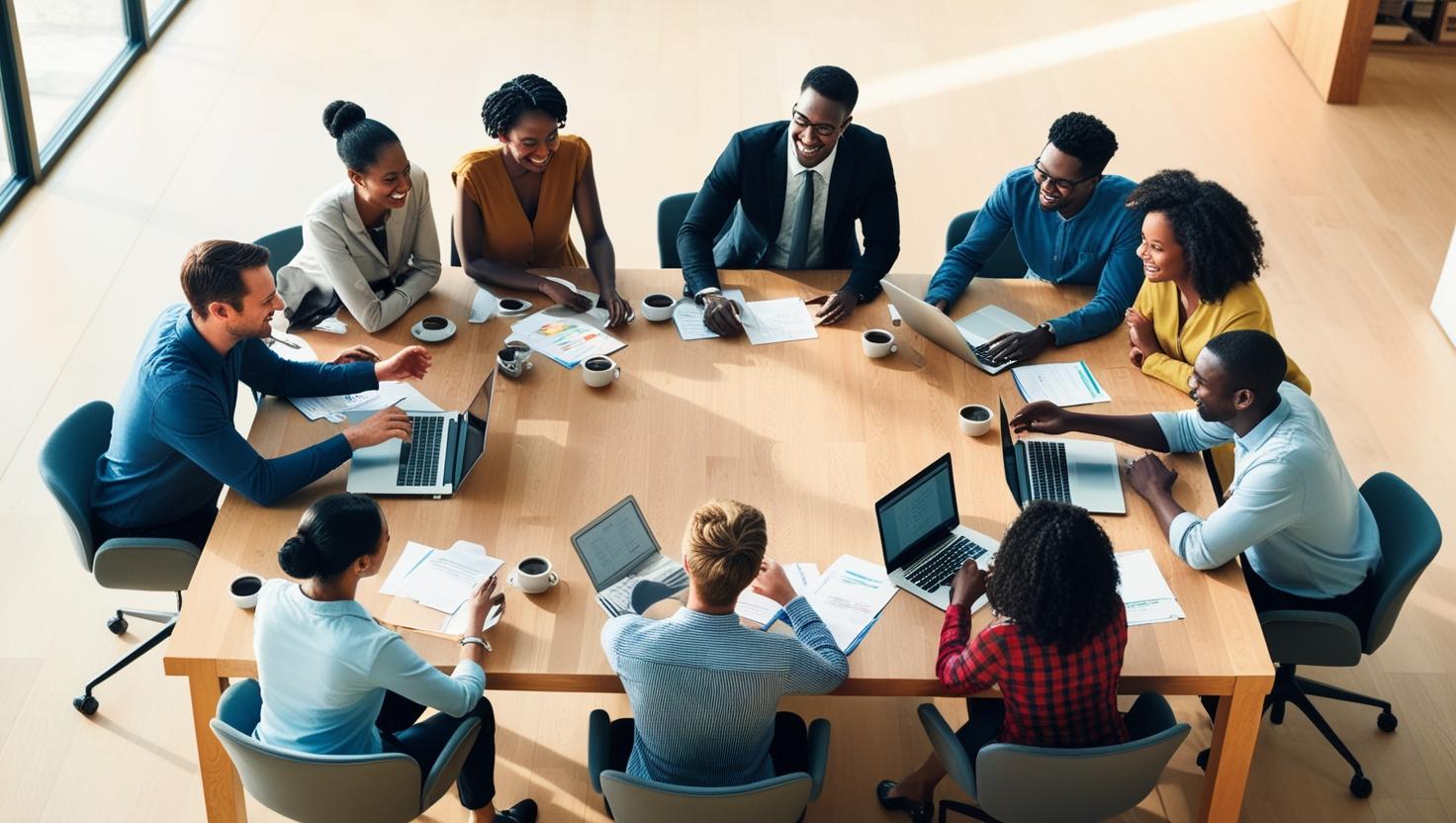 Un groupe diversifié de professionnels est assis autour d'une grande table avec des ordinateurs portables, des documents et des tasses à café, discutant et collaborant activement dans une salle de réunion lumineuse.