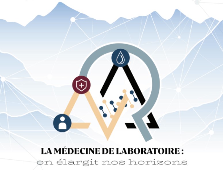 Graphique abstrait avec symboles médicaux et de laboratoire, dont une goutte d'eau, un bouclier et une icône représentant une personne, sur des formes et des lignes superposées. Texte ci-dessous : « LA MÉDECINE DE LABORATOIRE : on élargit nos horizons. ».