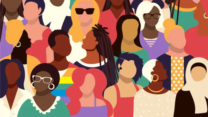 Illustration d'un groupe de femmes aux teintes de peau, aux coiffures et aux vêtements différents, notamment des lunettes, des foulards et des tenues colorées, se tenant côte à côte sur un fond simple.