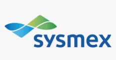Le logo de Sysmex présente des formes abstraites bleues et vertes formant un dessin fluide au-dessus du mot 