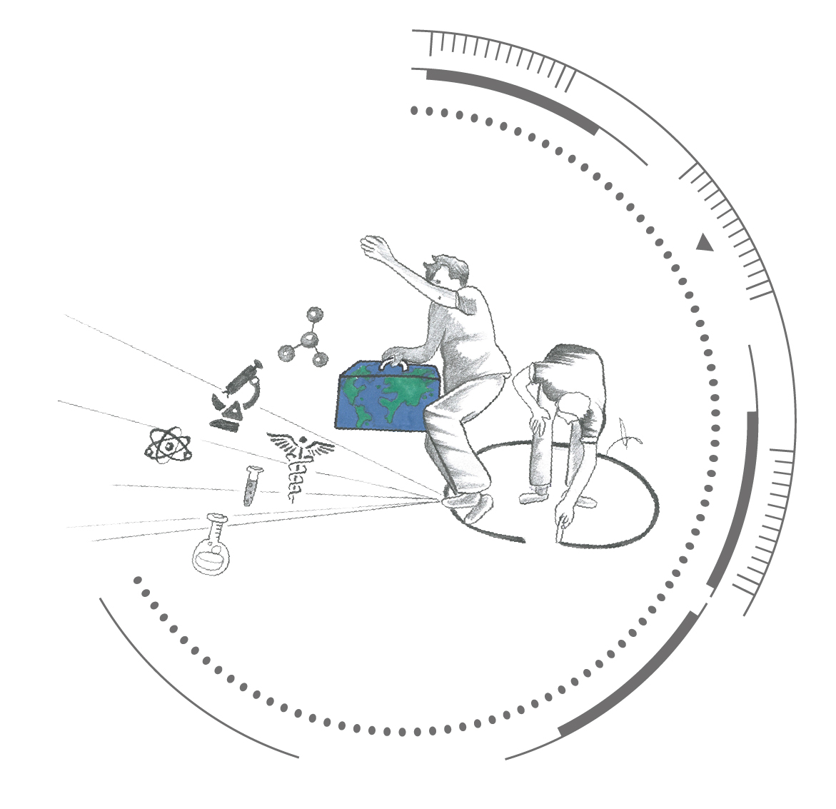 Deux personnes interagissent avec des symboles scientifiques projetés à partir d'un globe, notamment des atomes, des molécules et une fiole, entourés d'éléments de conception numérique circulaires. Une personne ajuste la projection, l'autre dessine sur le sol.