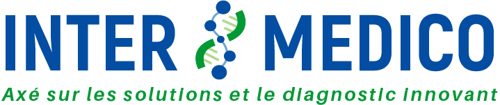 Logo d'Inter Medico représentant une double hélice d'ADN à la place de la lettre « I ». Le slogan en français qui figure en dessous est le suivant : « Axé sur les solutions et le diagnostic innovant. ».