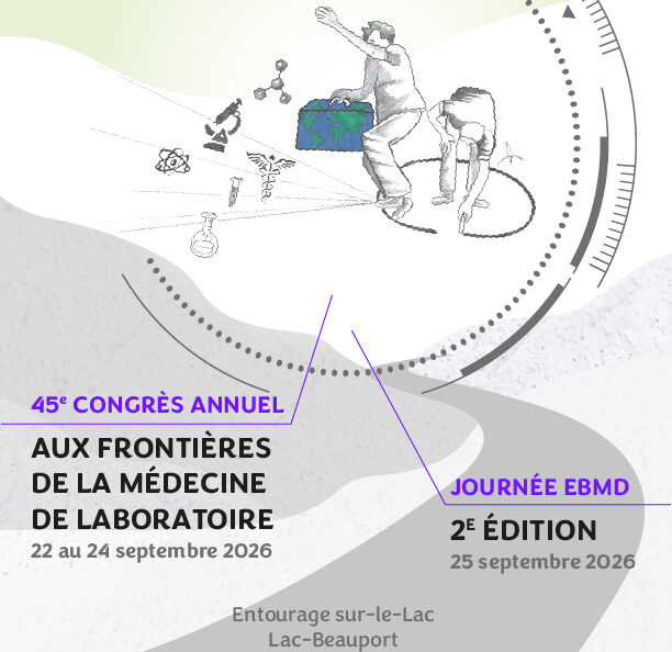 Affiche pour le 45e congrès annuel de la Société québécoise de biologie clinique, présentant des scientifiques au travail et les détails de l'événement qui aura lieu en septembre 2026 à Lac-Beauport, avec un graphisme moderne et des accents violets.