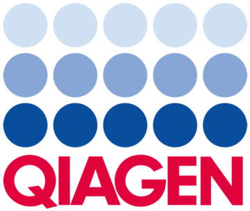 Le logo de QIAGEN se compose de trois rangées de cinq cercles bleus, dont la teinte s'assombrit progressivement de haut en bas, au-dessus du texte « QIAGEN » écrit en lettres majuscules d'un rouge vif.